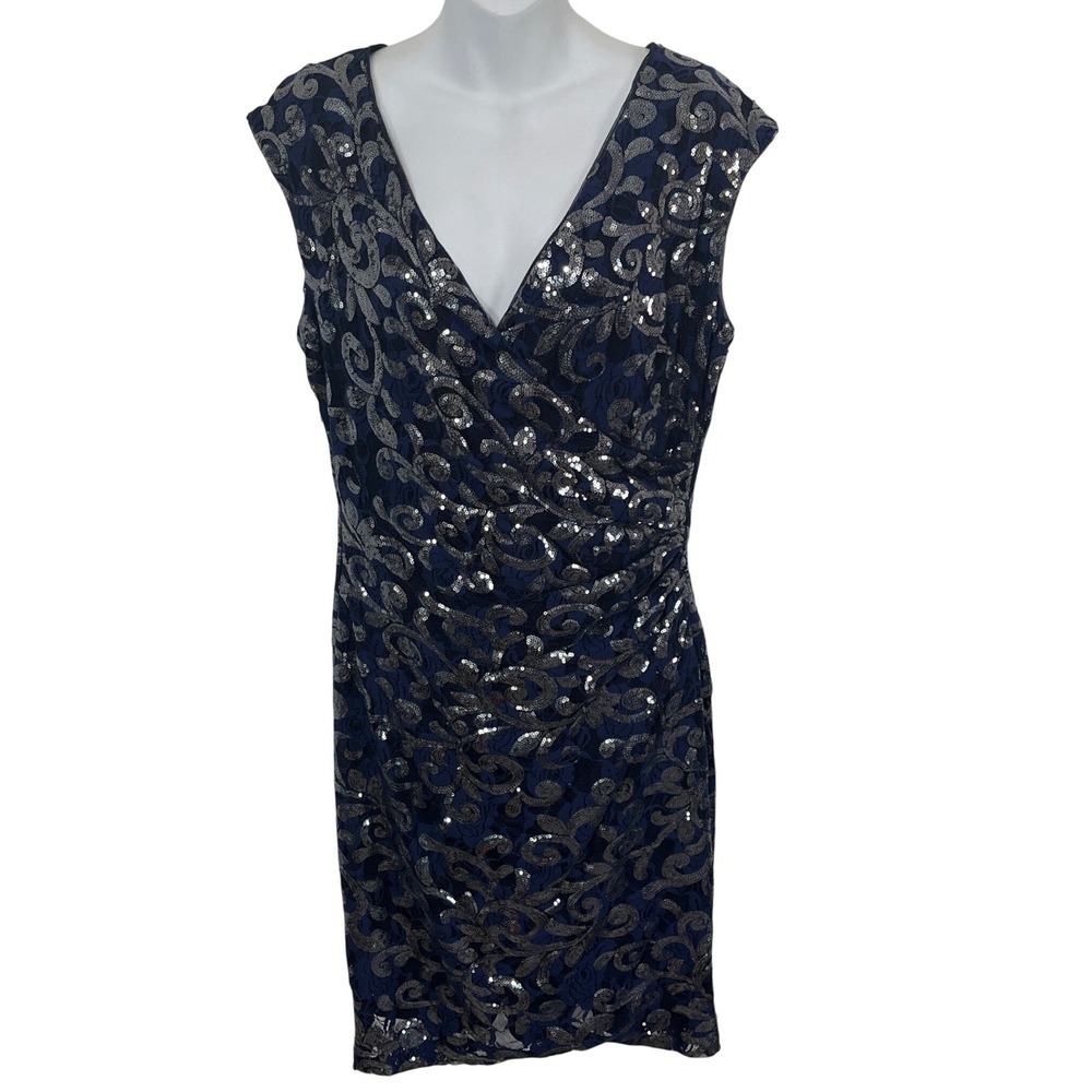 Lauren Ralph Lauren Sequin Lace Dress Womens 12 Navy Silver Faux Wrap Sheath